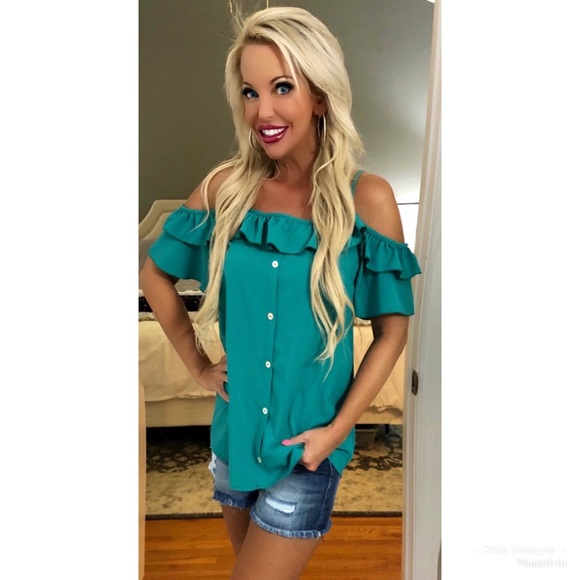 💕LAST 2! Teal Ruffled Woven Open Shoulder Blouse - Picture 2 of 8